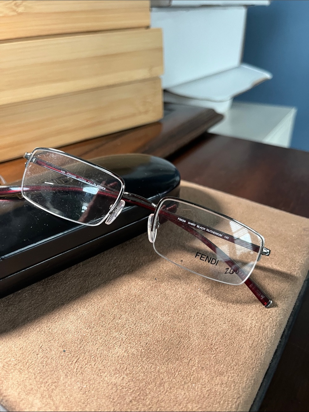 Fendi Men’s semi Rimless Rectangular Eyeglasses in Burgundy and black